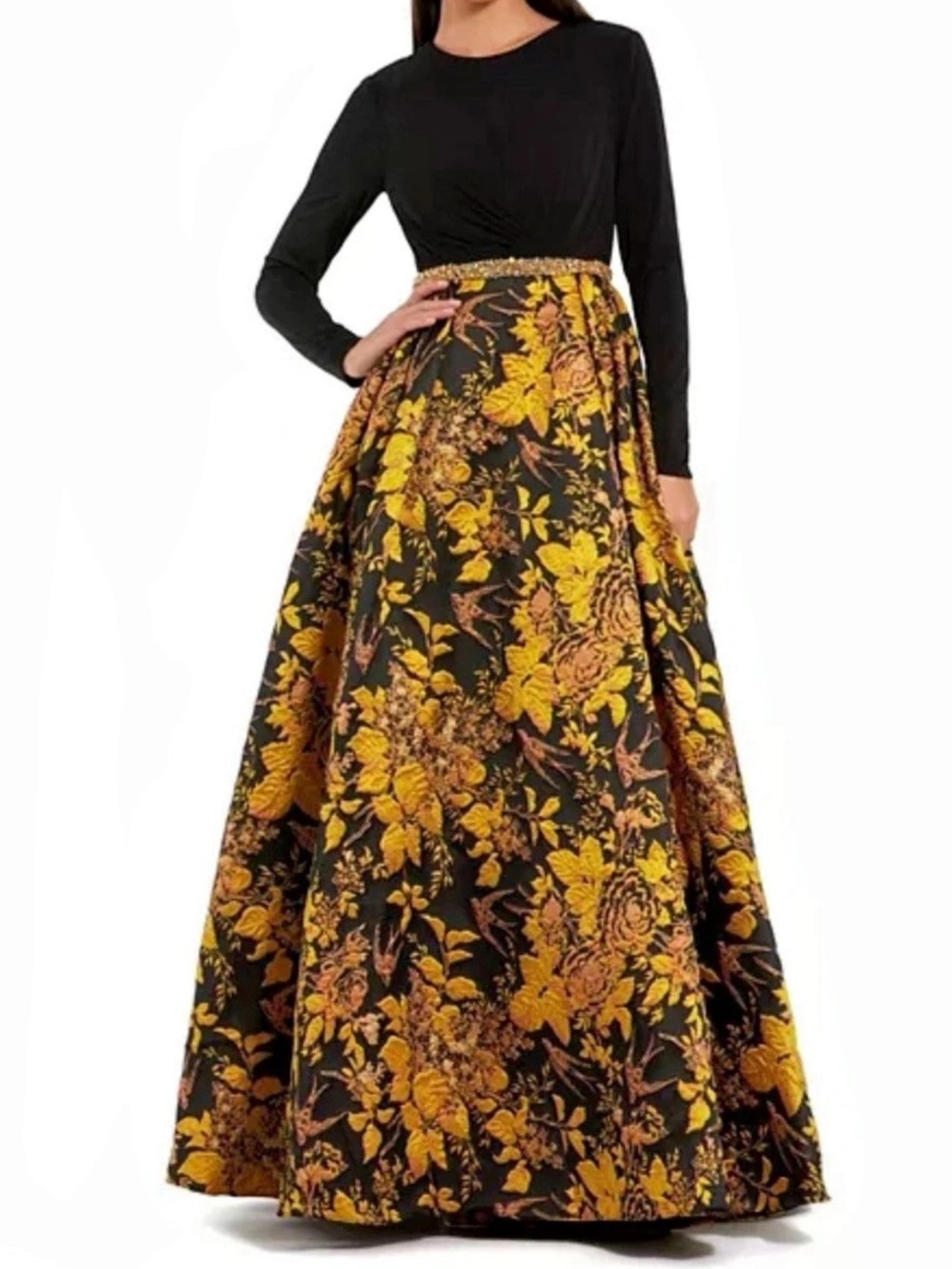Mac Duggal High Neck Long Sleeve Jersey  Brocade Ballgown